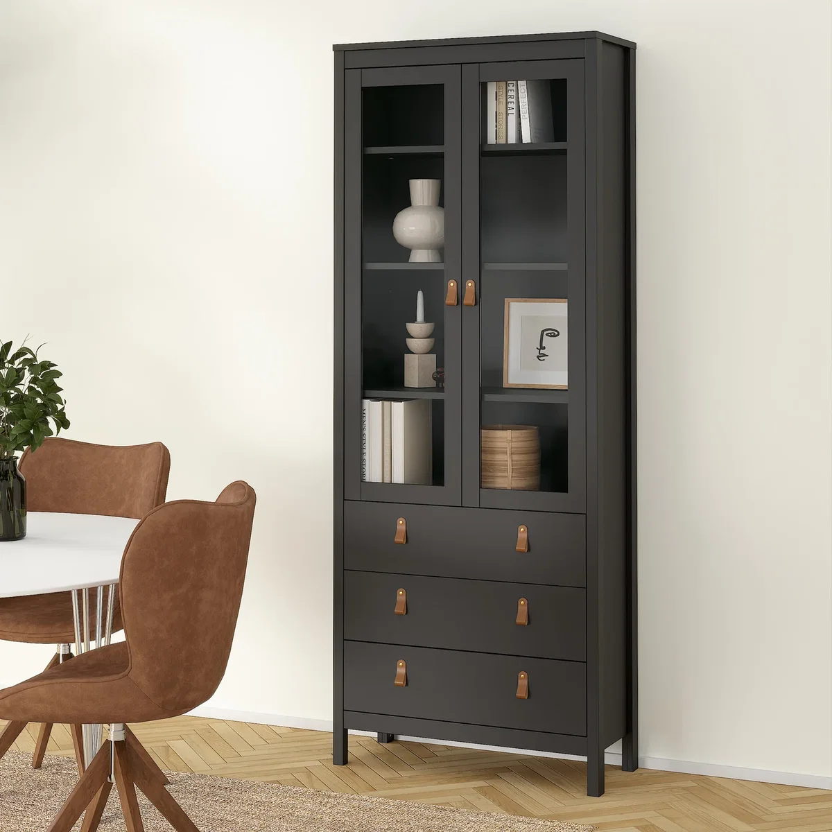 Barcelona China Cabinet 2 Glass Doors with 3 Drawers in Cashmere - Matt Black – image 1