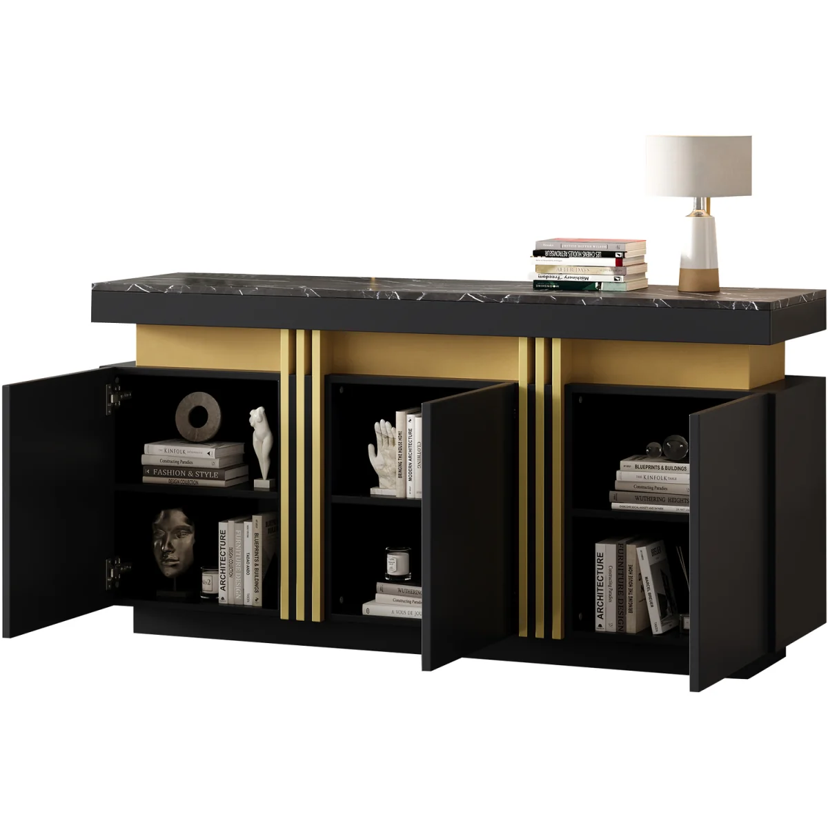 Buffet Cabinet with Faux Marble Top, 3 Doors and Adjustable Shelves, Modern Black & Gold - Black – image 2