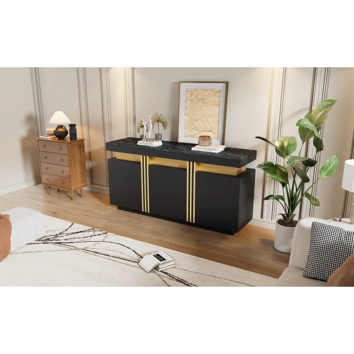 Buffet Cabinet with Faux Marble Top, 3 Doors and Adjustable Shelves, Modern Black & Gold - Black – image 3