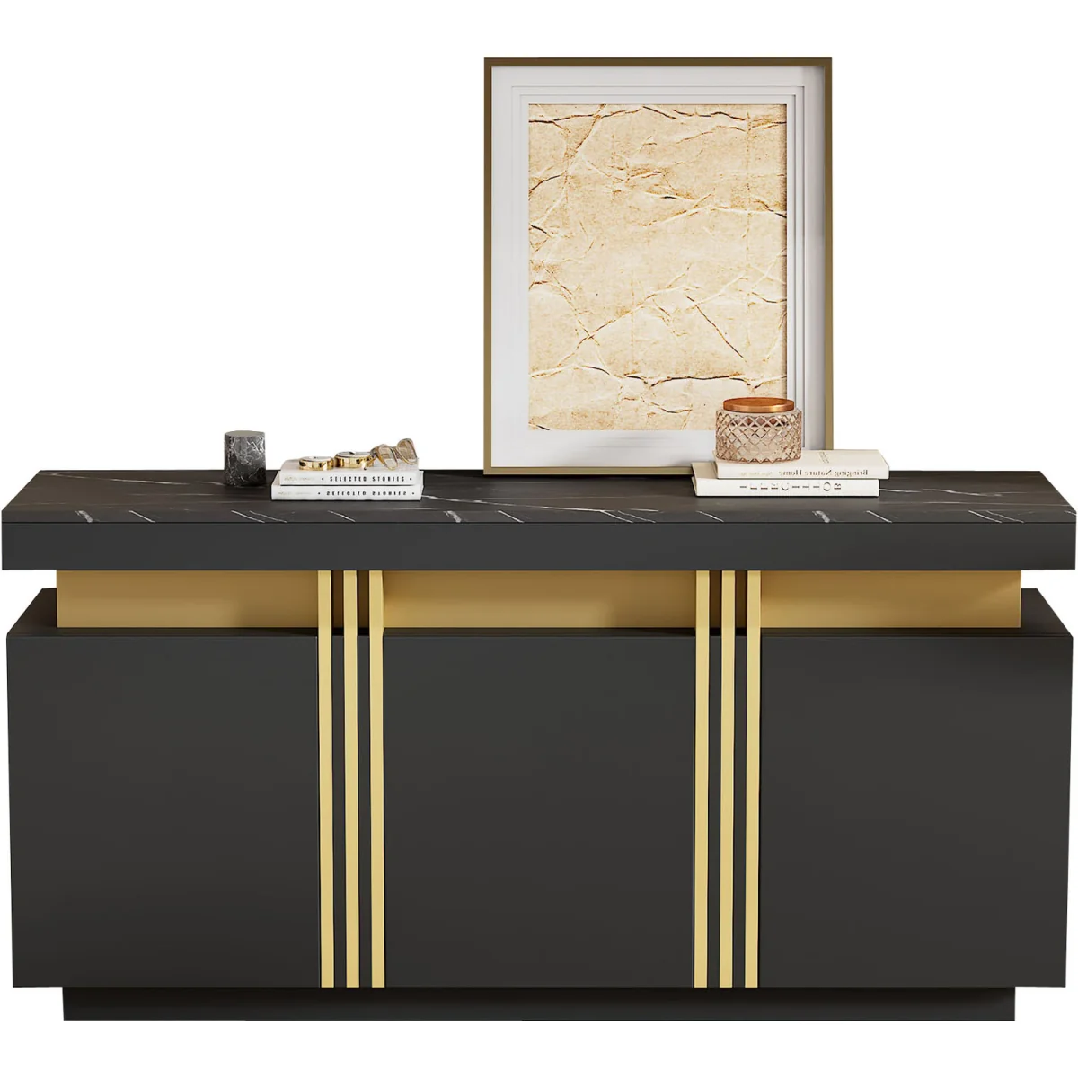 Buffet Cabinet with Faux Marble Top, 3 Doors and Adjustable Shelves, Modern Black & Gold - Black – image 4