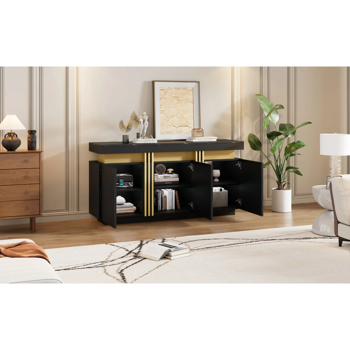 Buffet Cabinet with Faux Marble Top, 3 Doors and Adjustable Shelves, Modern Black & Gold - Black – image 5