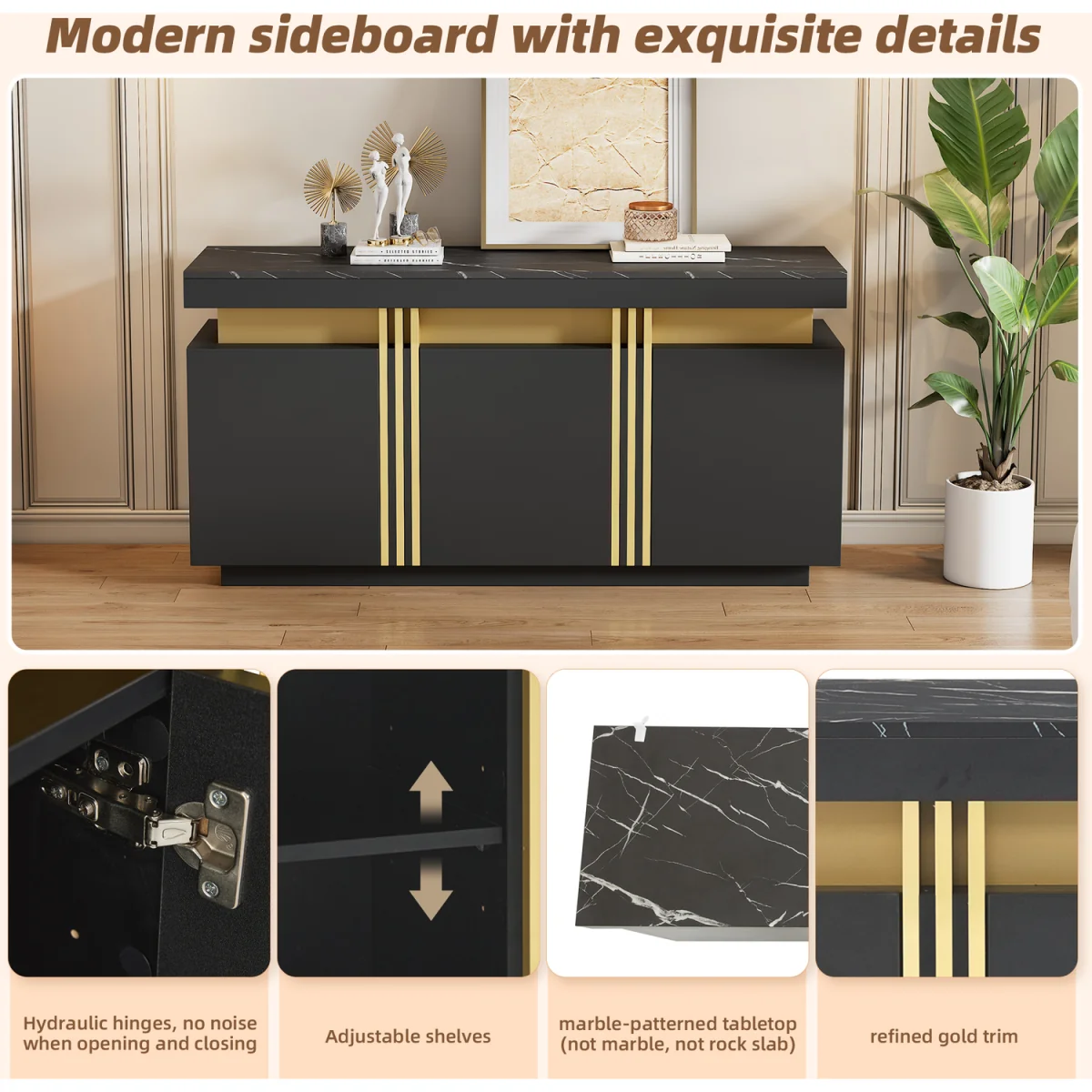 Buffet Cabinet with Faux Marble Top, 3 Doors and Adjustable Shelves, Modern Black & Gold - Black – image 6