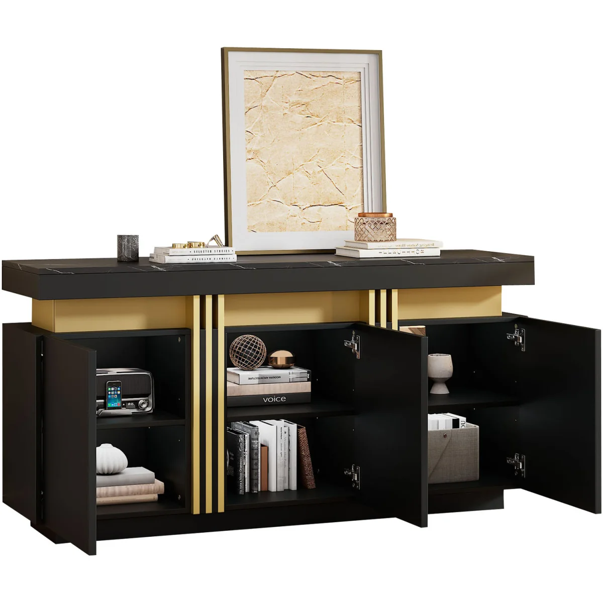 Buffet Cabinet with Faux Marble Top, 3 Doors and Adjustable Shelves, Modern Black & Gold - Black – image 7