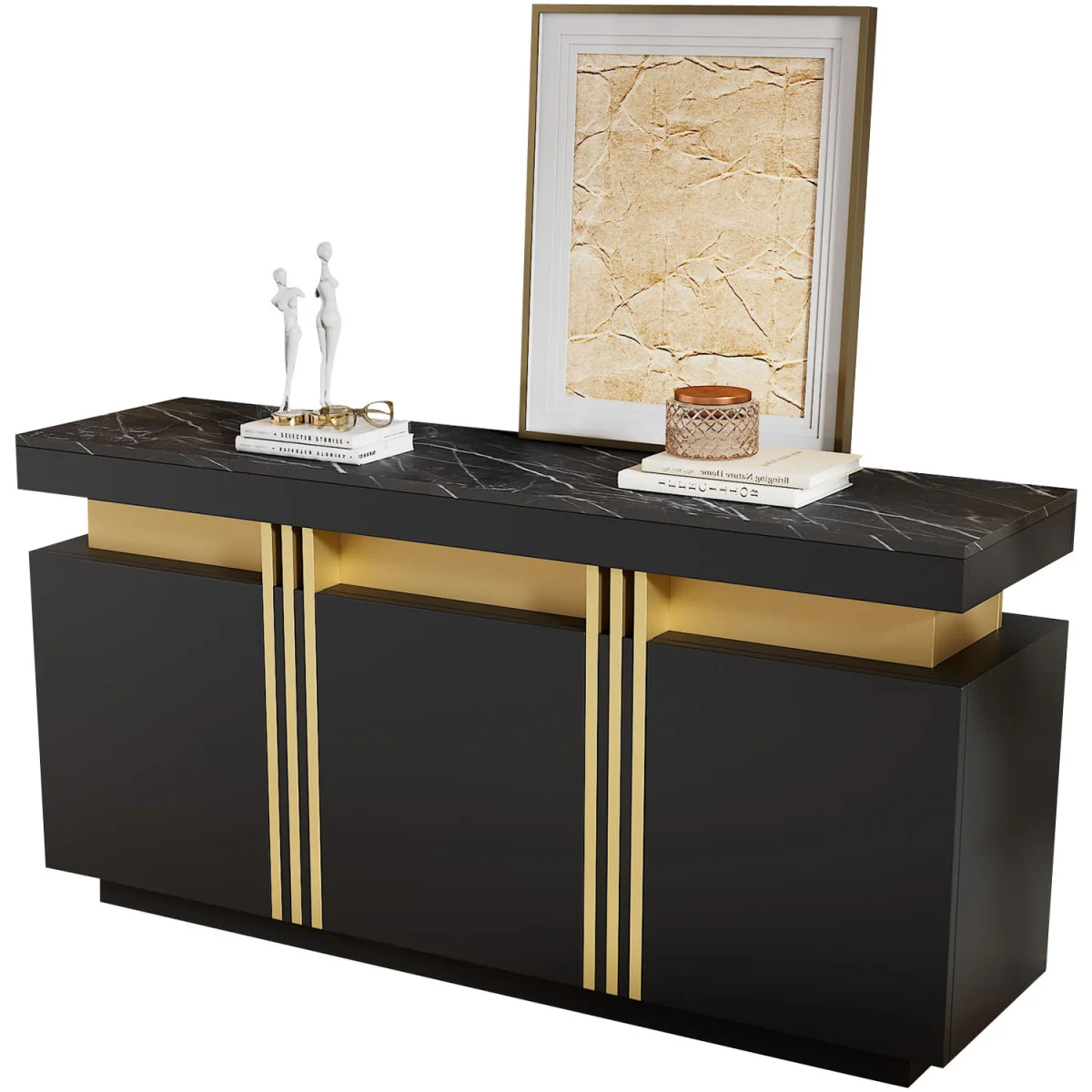 Buffet Cabinet with Faux Marble Top, 3 Doors and Adjustable Shelves, Modern Black & Gold - Black – image 8