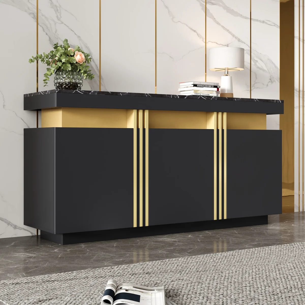 Buffet Cabinet with Faux Marble Top, 3 Doors and Adjustable Shelves, Modern Black & Gold - Black – image 1