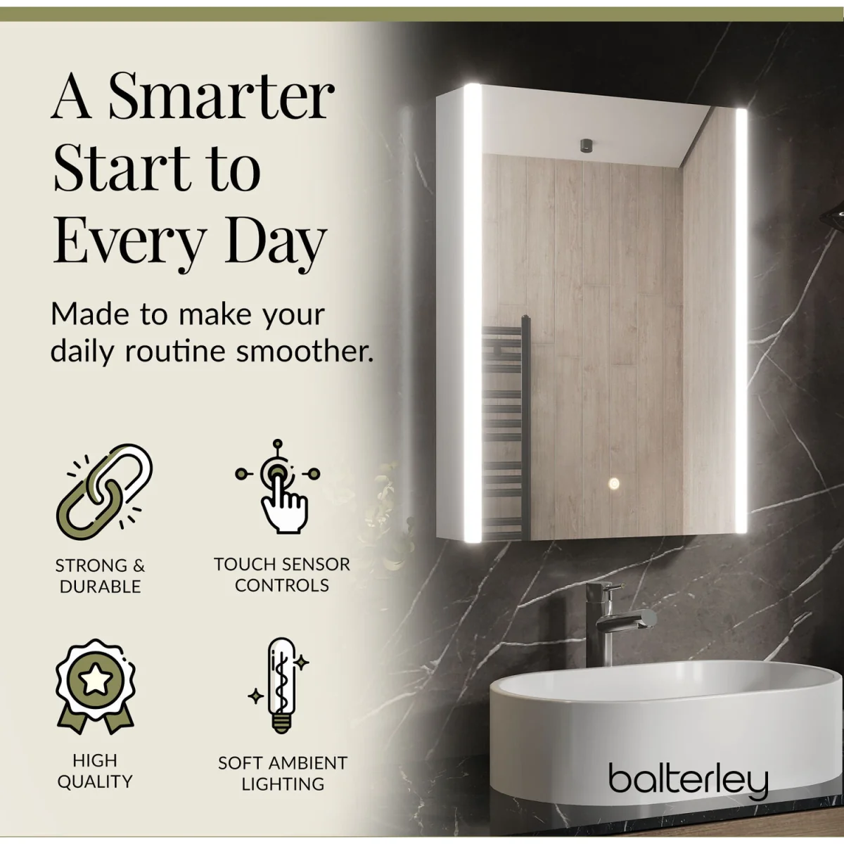 Balterley Rectangular 1 Door Touch Sensor Mirror Cabinet - Silver - Chrome – image 2