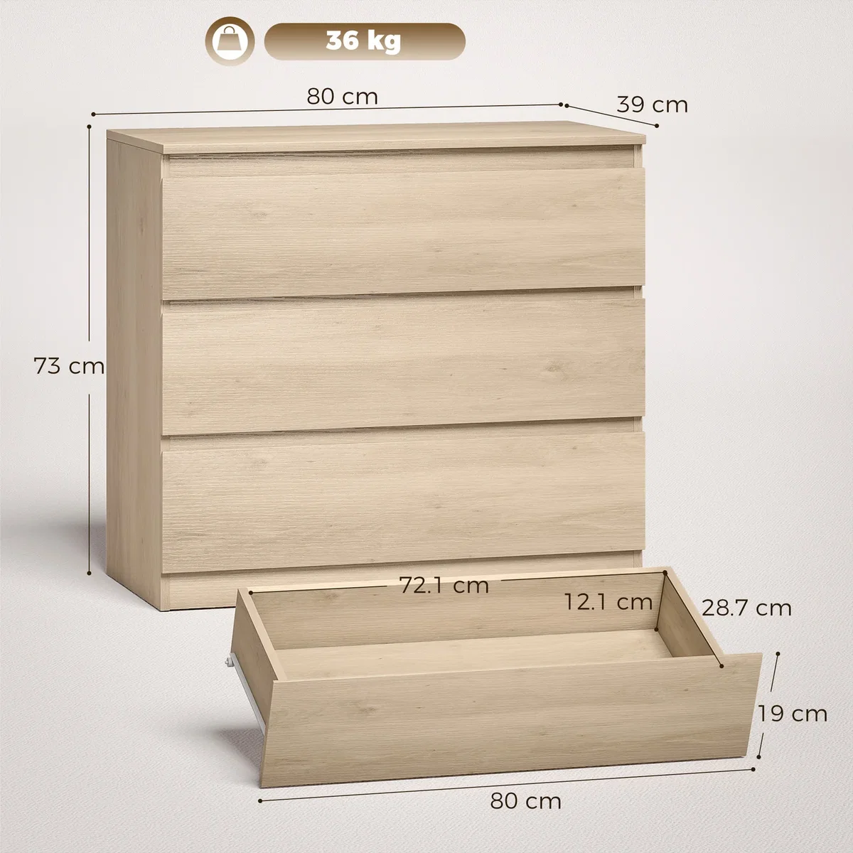 HOMCOM Chest of Drawers, Drawer Storage Cabinet - Oak – image 8