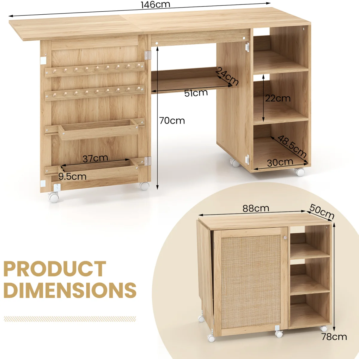 Portable Rolling Sewing Cabinet Craft Table - Natural – image 3