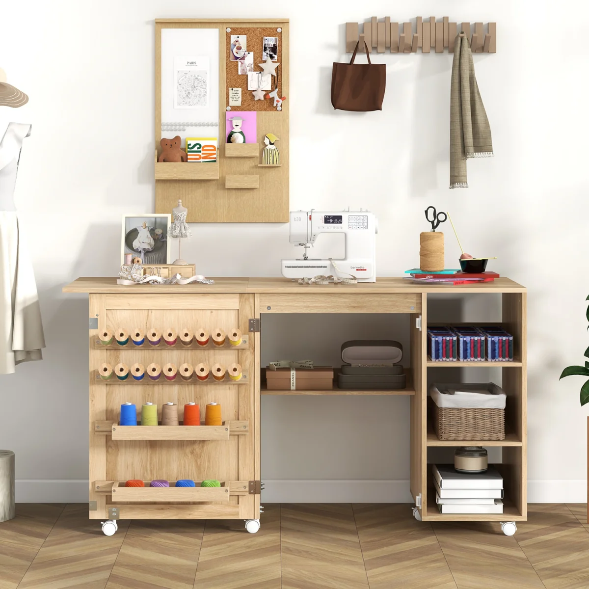 Portable Rolling Sewing Cabinet Craft Table - Natural – image 4