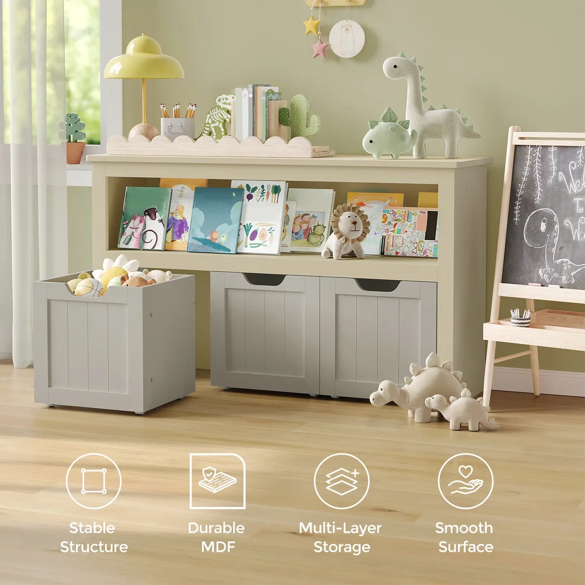 VASAGLE Kids Storage Cabinet with Wheels and Bins - Light Khaki – image 3