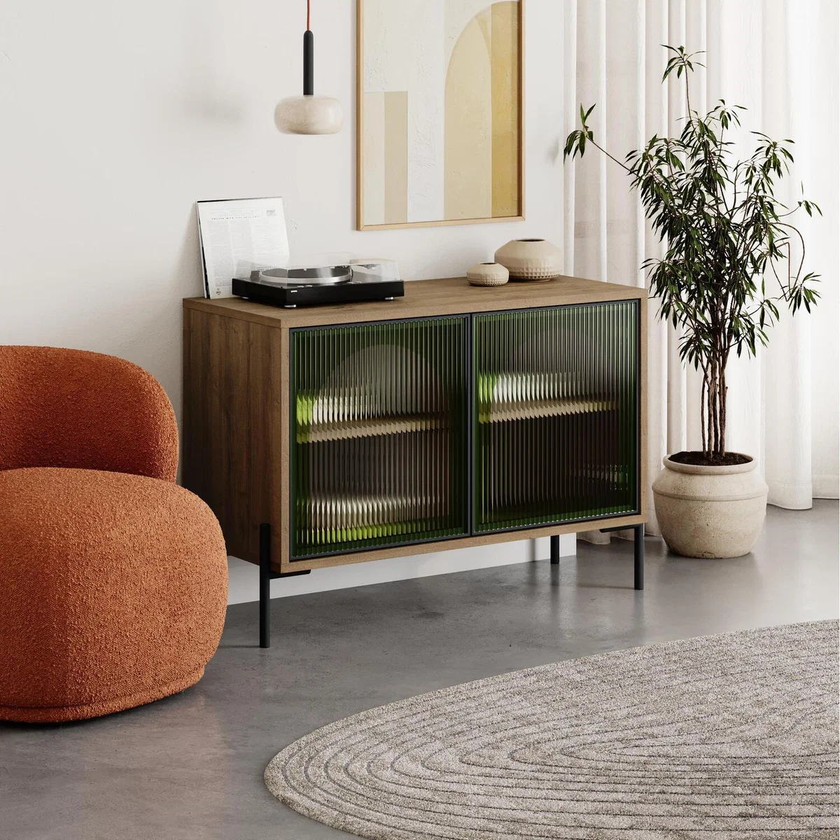 Buffet Cabinet with Ribbed Green Glass Doors Console, Black Metal Legs - Dark Oak Effect