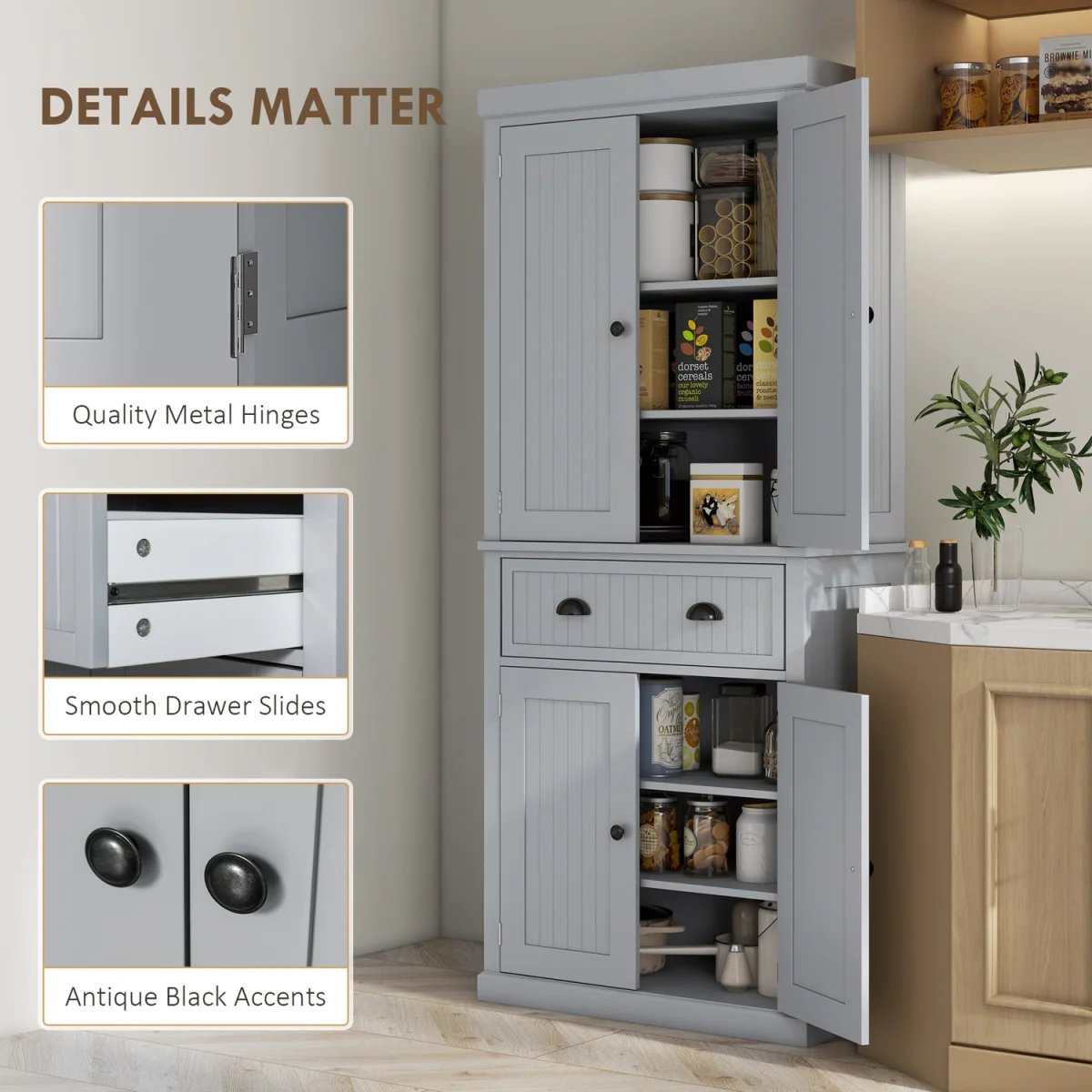 HOMCOM Kitchen Cupboard with Drawers and Doors 835-042V05WT - Grey – image 4