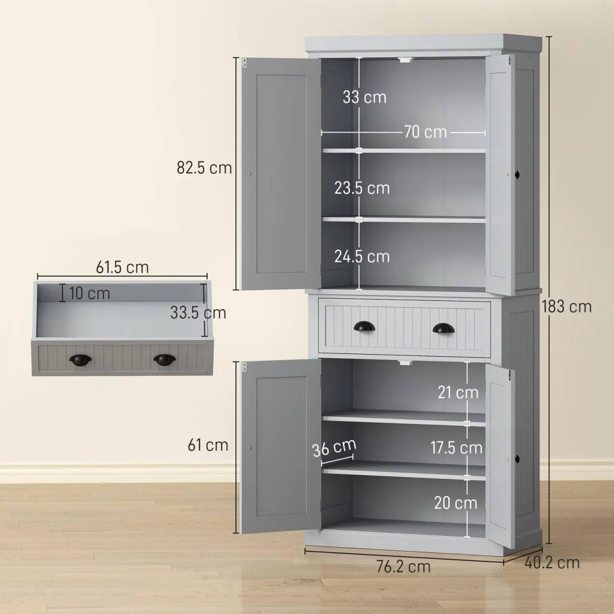 HOMCOM Kitchen Cupboard with Drawers and Doors 835-042V05WT - Grey – image 7