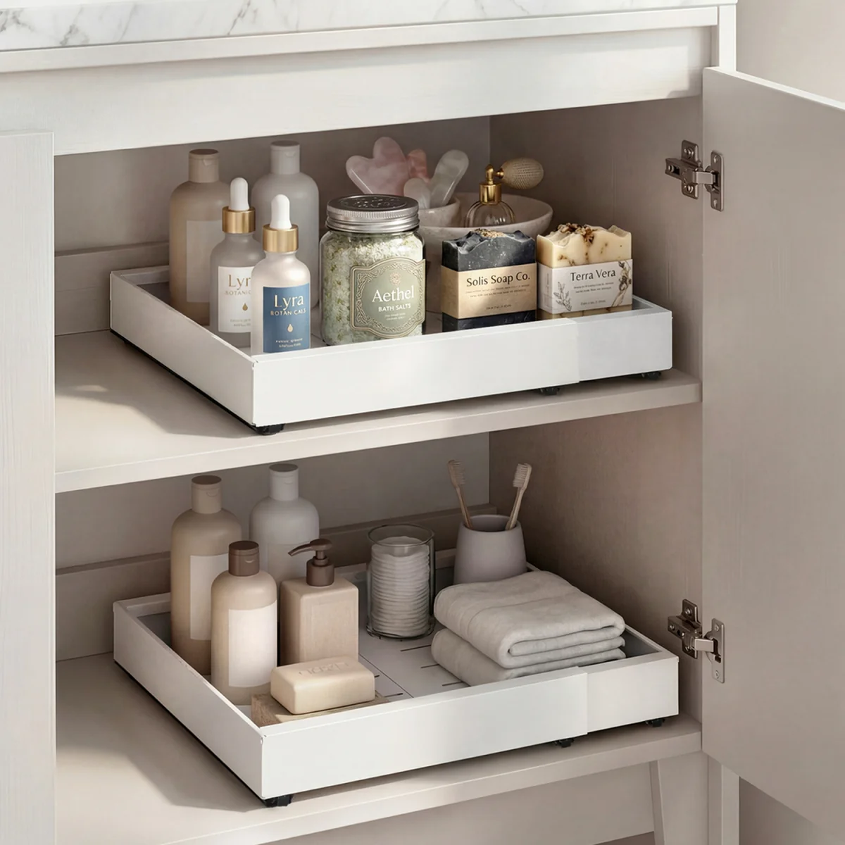 Pull Out Cabinet Organizer Adhesive 2 Pcs Expandable Storage Drawers - White – image 8