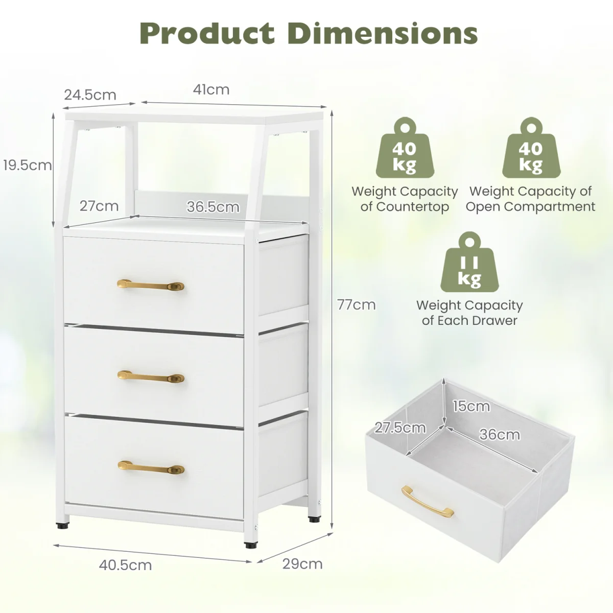 3 Drawer Vertical Storage Cabinet with Metal Fram - White – image 3