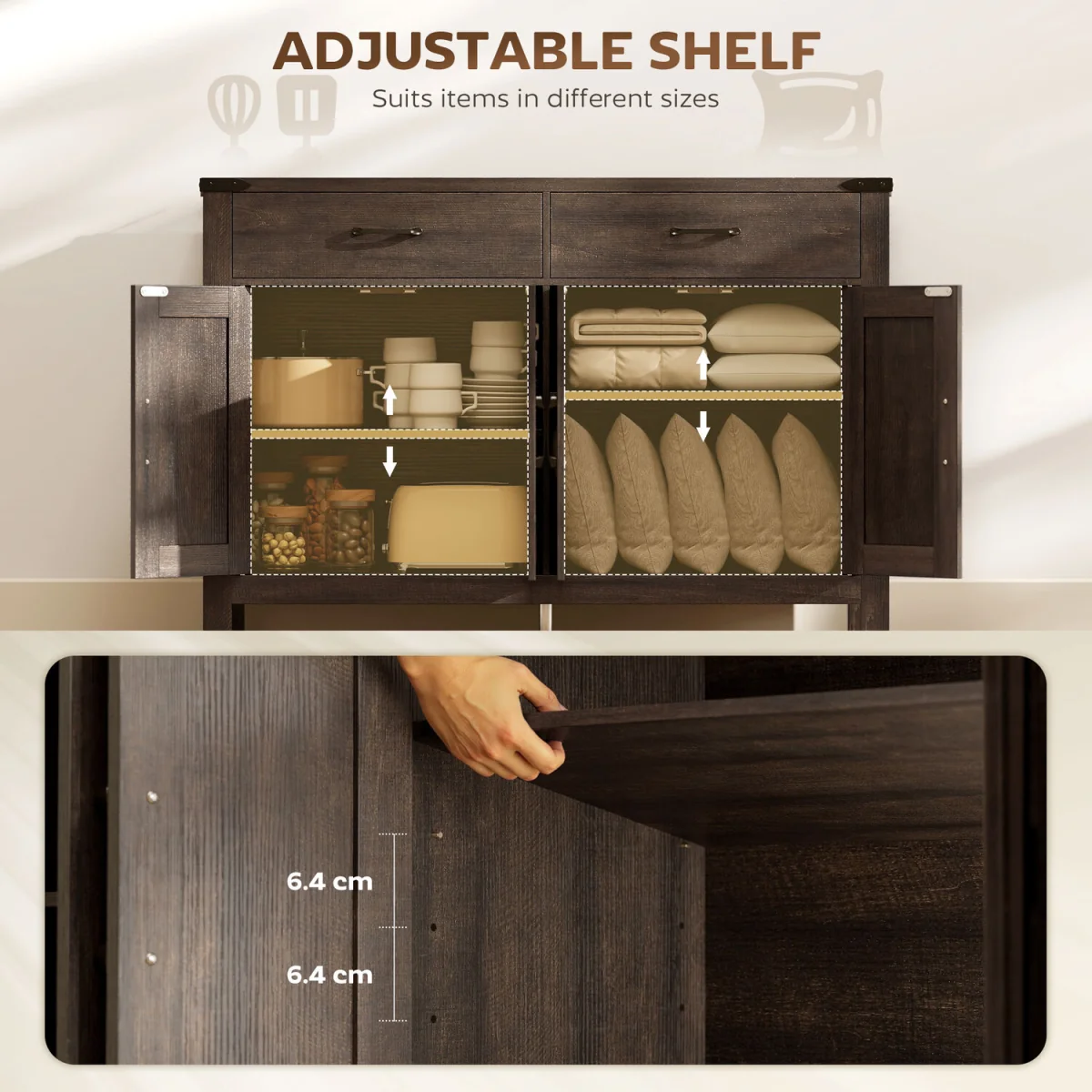 HOMCOM Kitchen Cupboard with 4 Doors 2 Drawers and 2 Shelves - Dark brown – image 6