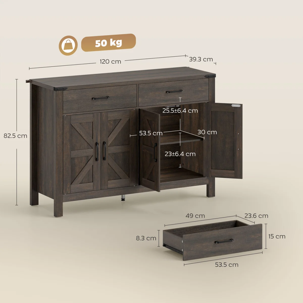 HOMCOM Kitchen Cupboard with 4 Doors 2 Drawers and 2 Shelves - Dark brown – image 8