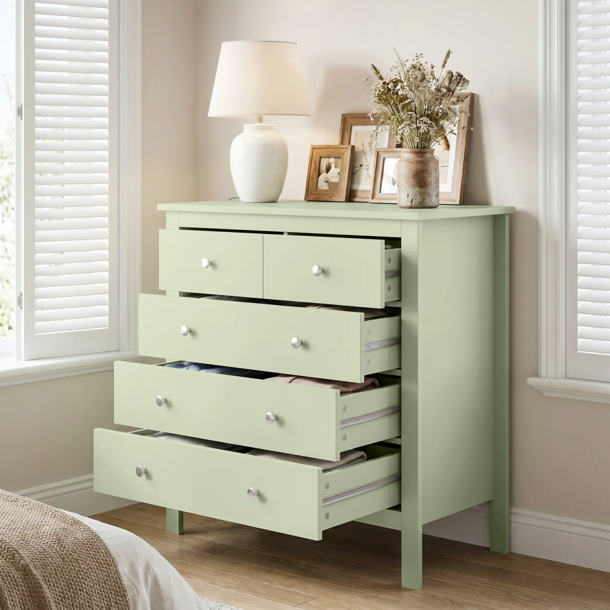 HOMCOM Chest of Drawers, 5 Drawer Storage Cabinet with Metal Handles - Sage Green – image 3