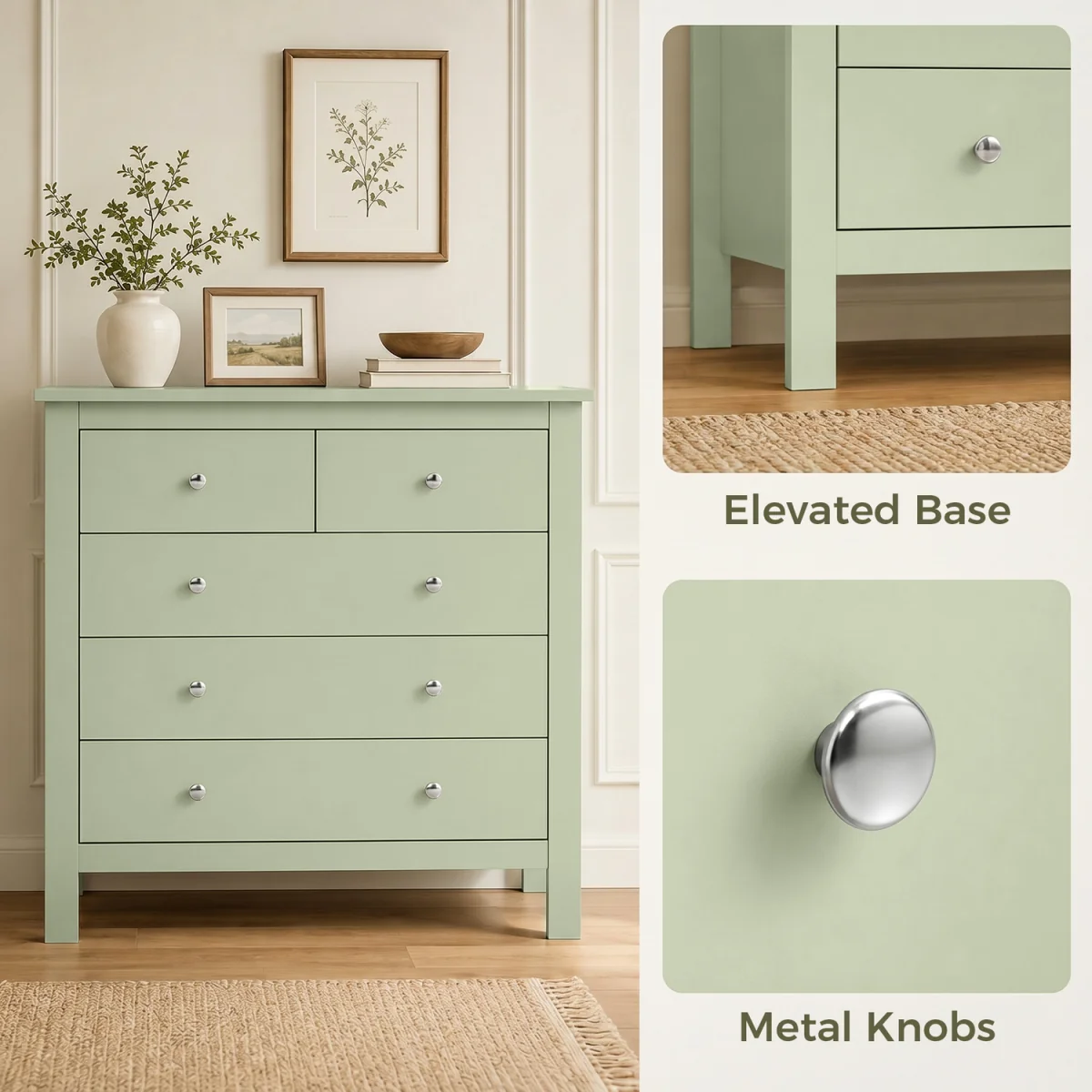 HOMCOM Chest of Drawers, 5 Drawer Storage Cabinet with Metal Handles - Sage Green – image 4