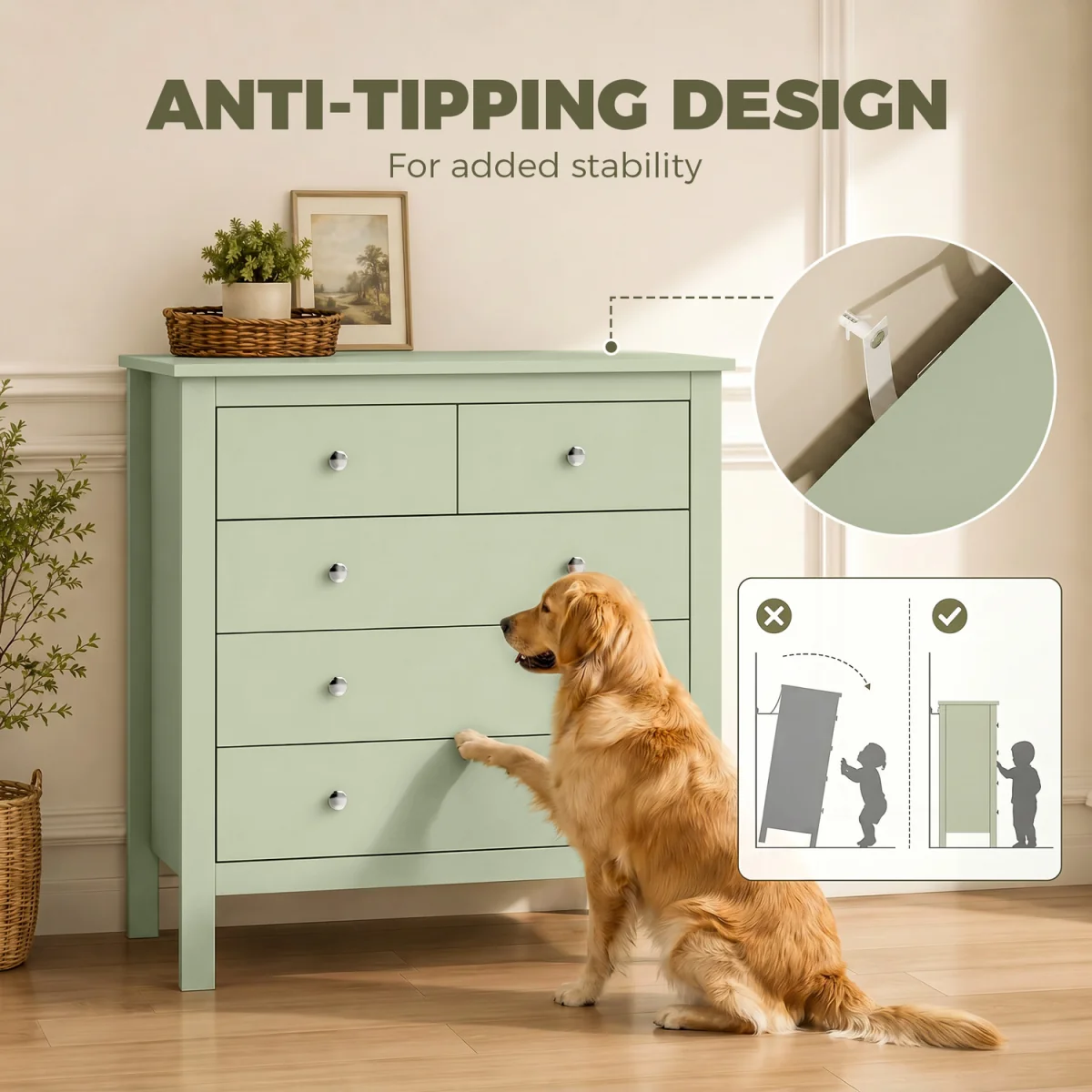 HOMCOM Chest of Drawers, 5 Drawer Storage Cabinet with Metal Handles - Sage Green – image 5