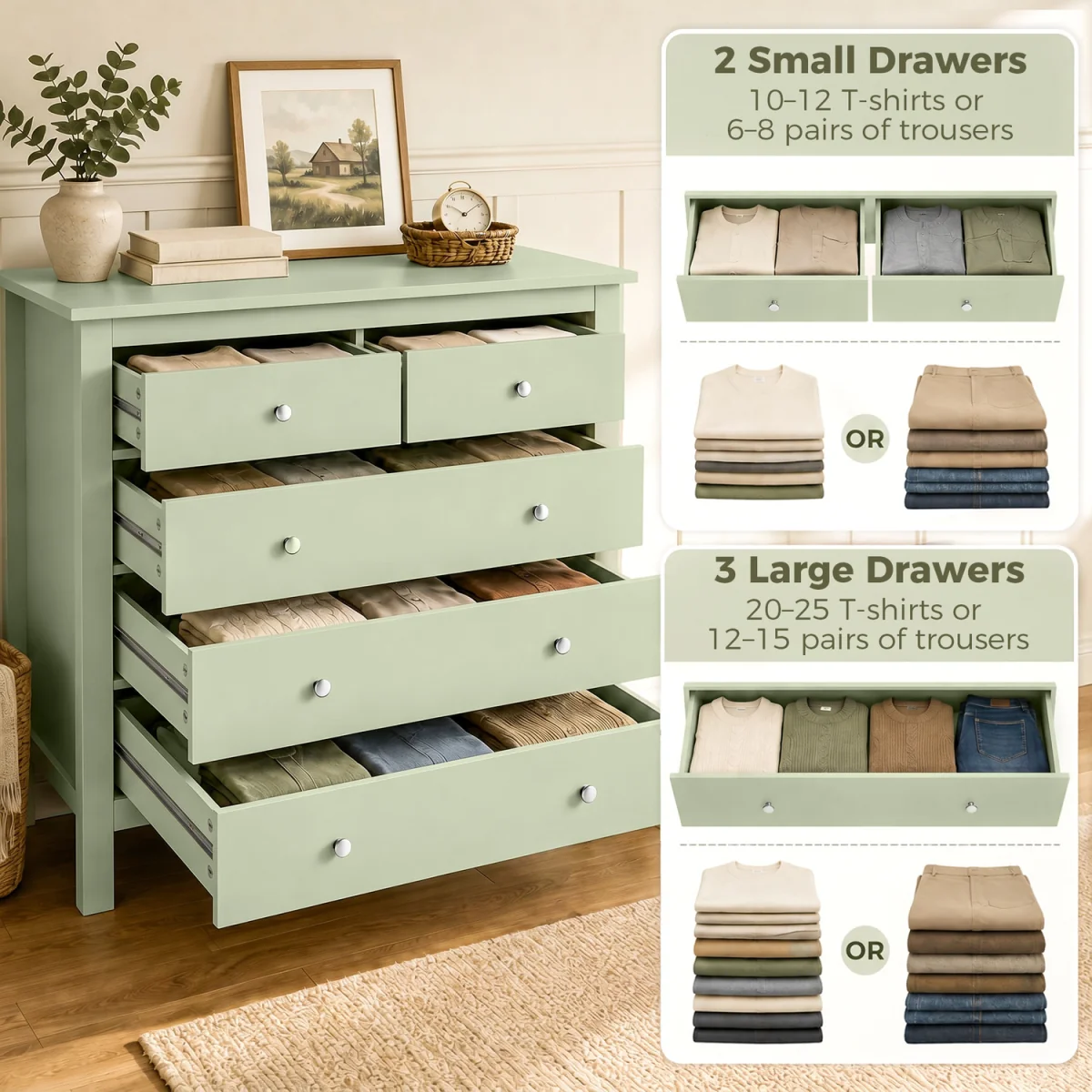 HOMCOM Chest of Drawers, 5 Drawer Storage Cabinet with Metal Handles - Sage Green – image 6