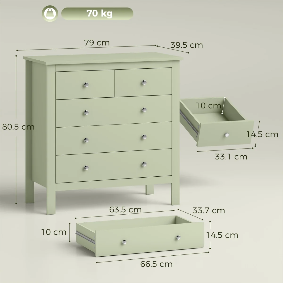 HOMCOM Chest of Drawers, 5 Drawer Storage Cabinet with Metal Handles - Sage Green – image 7