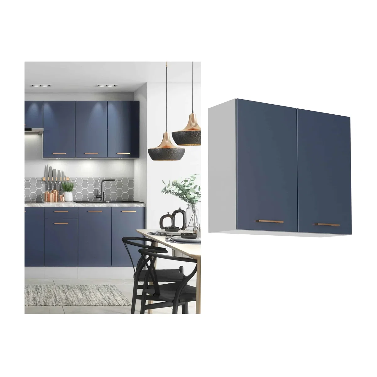 800mm Kitchen Wall Cabinet Dark Navy Blue Unit Nora - Dark Navy Blue and Grey Matt – image 1