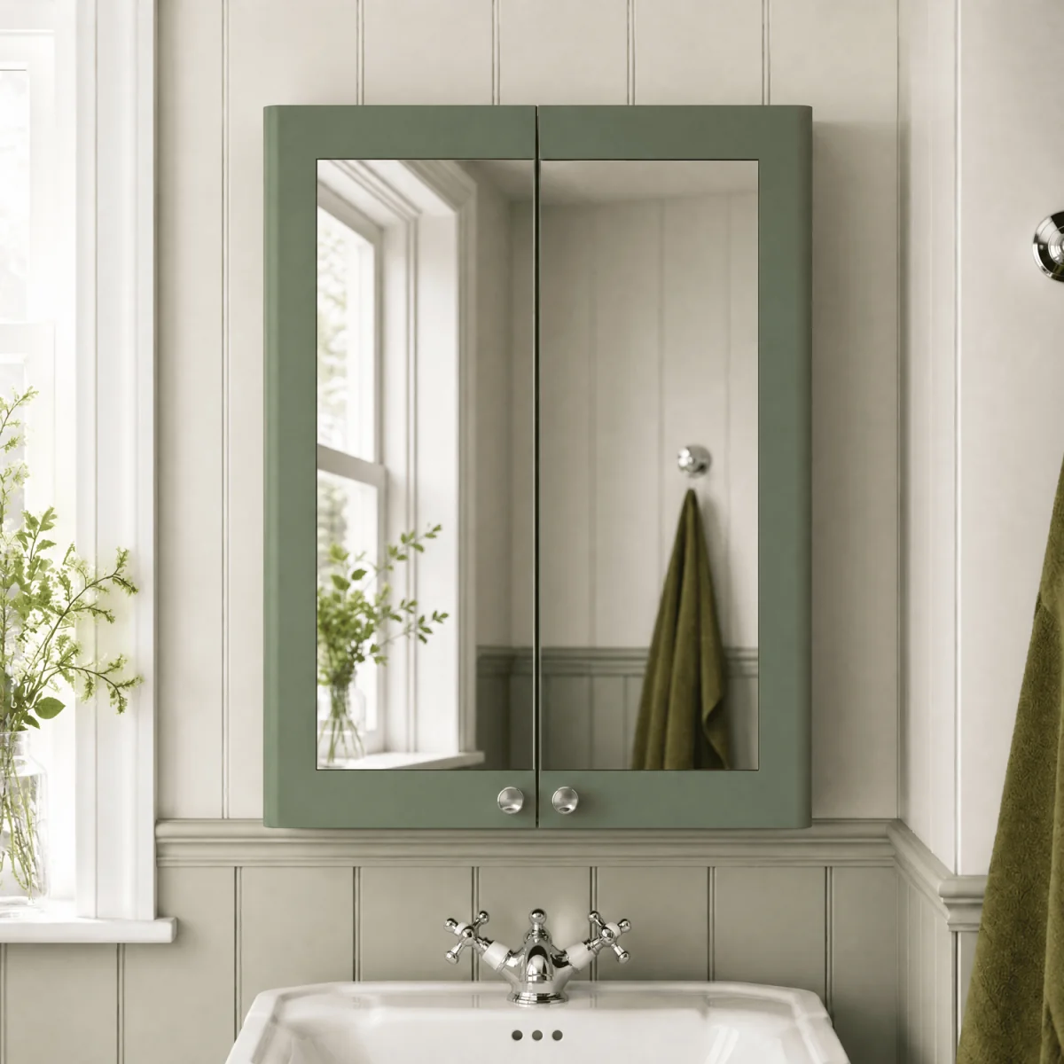 Classic Wall Hung 2 Soft Close Door Mirror Cabinet Satin Green 600mm - Satin Green – image 2