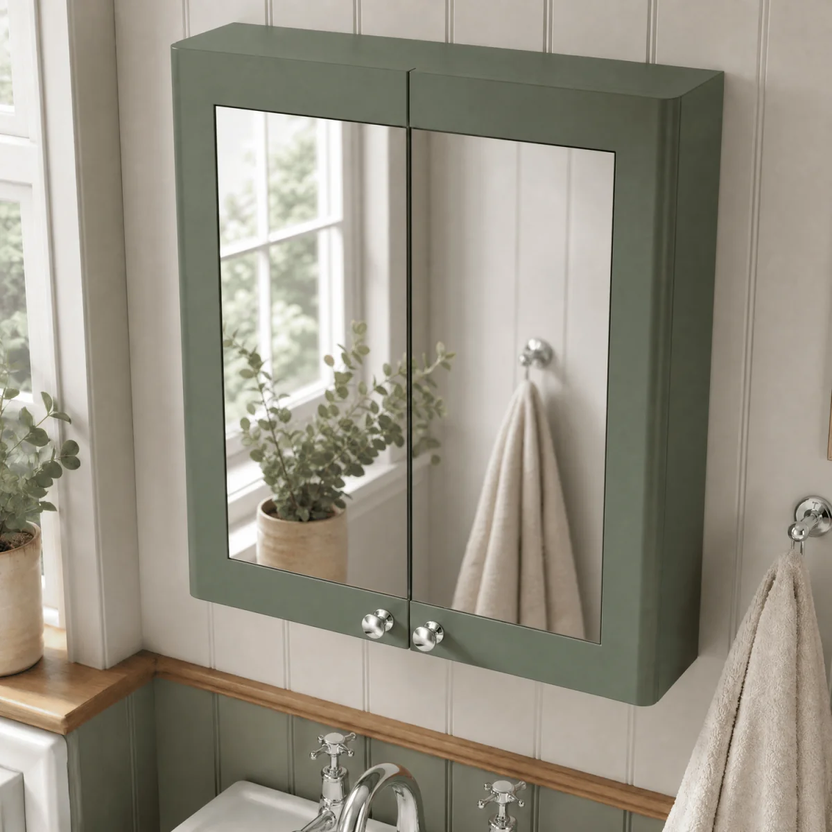 Classic Wall Hung 2 Soft Close Door Mirror Cabinet Satin Green 600mm - Satin Green – image 3
