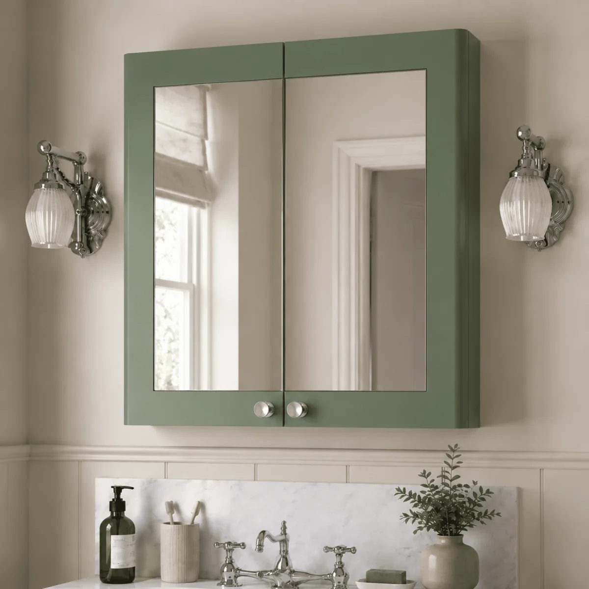 Classic Wall Hung 2 Soft Close Door Mirror Cabinet Satin Green 600mm - Satin Green – image 4