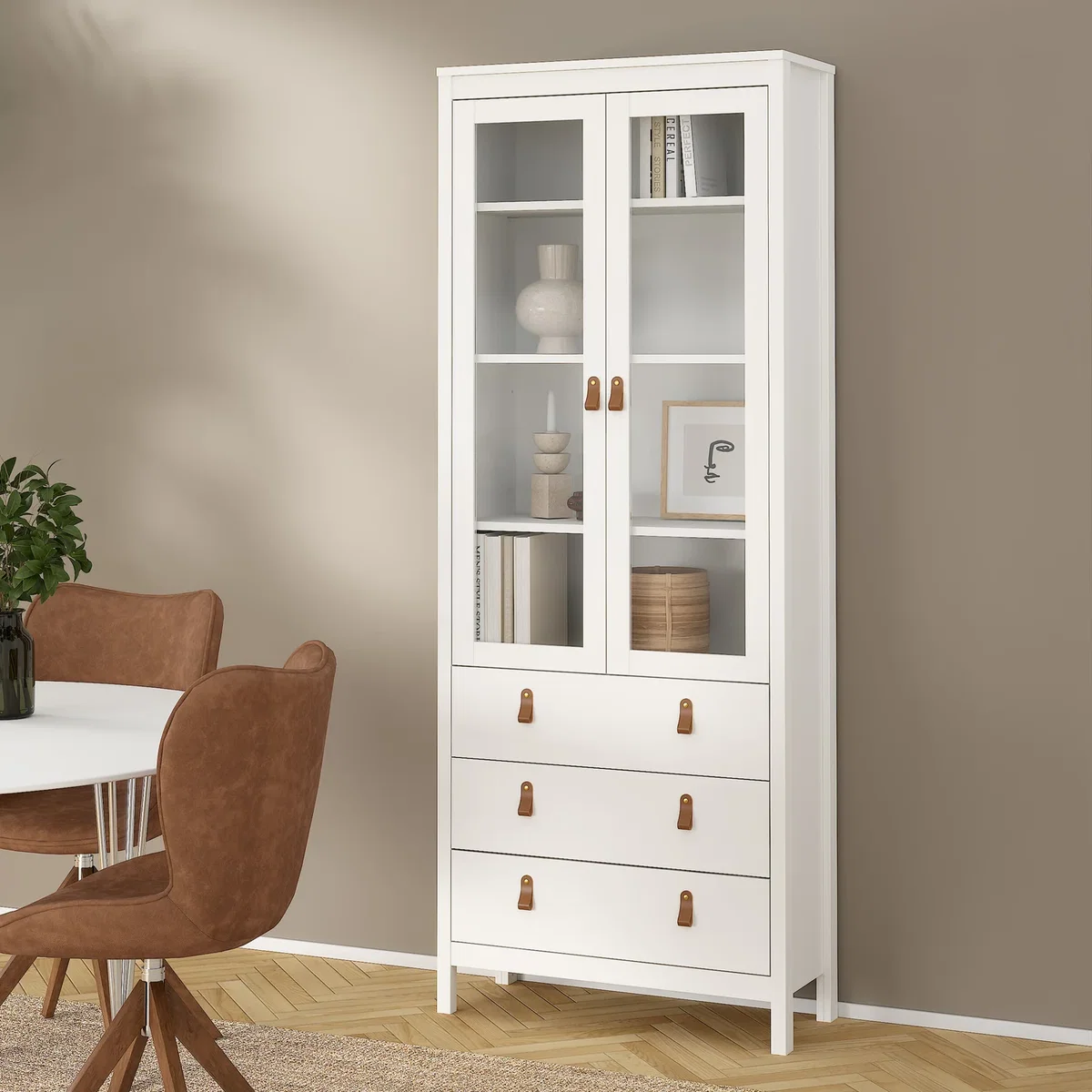 Barcelona China Cabinet 2 Glass Doors with 3 Drawers in Cashmere - White – image 1