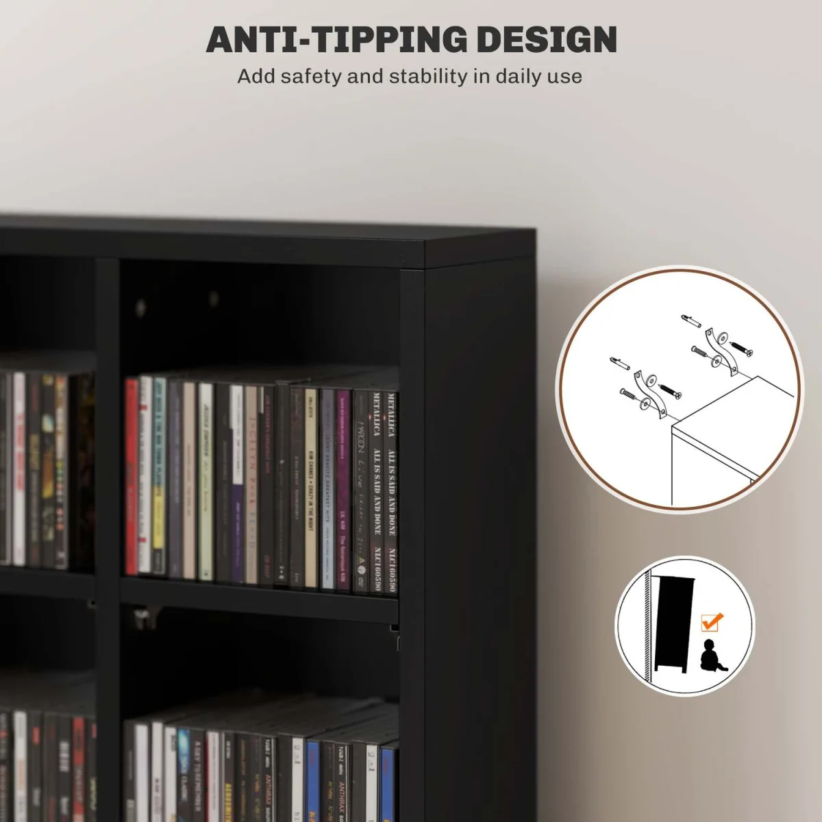 Dicoyo Wood Black CD Storage Cabinet with Adjustable Shelves 89 x 130.5 cm – image 6