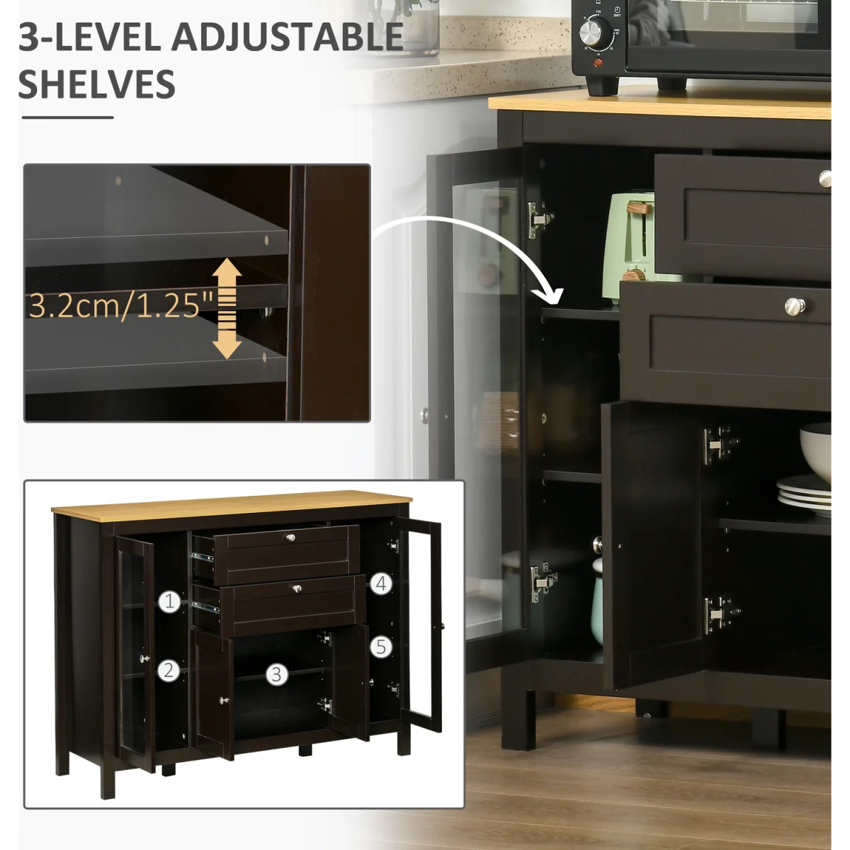 HOMCOM Modern Storage Cabinet with 4 Doors and 2 Drawers - Black Brown – image 9