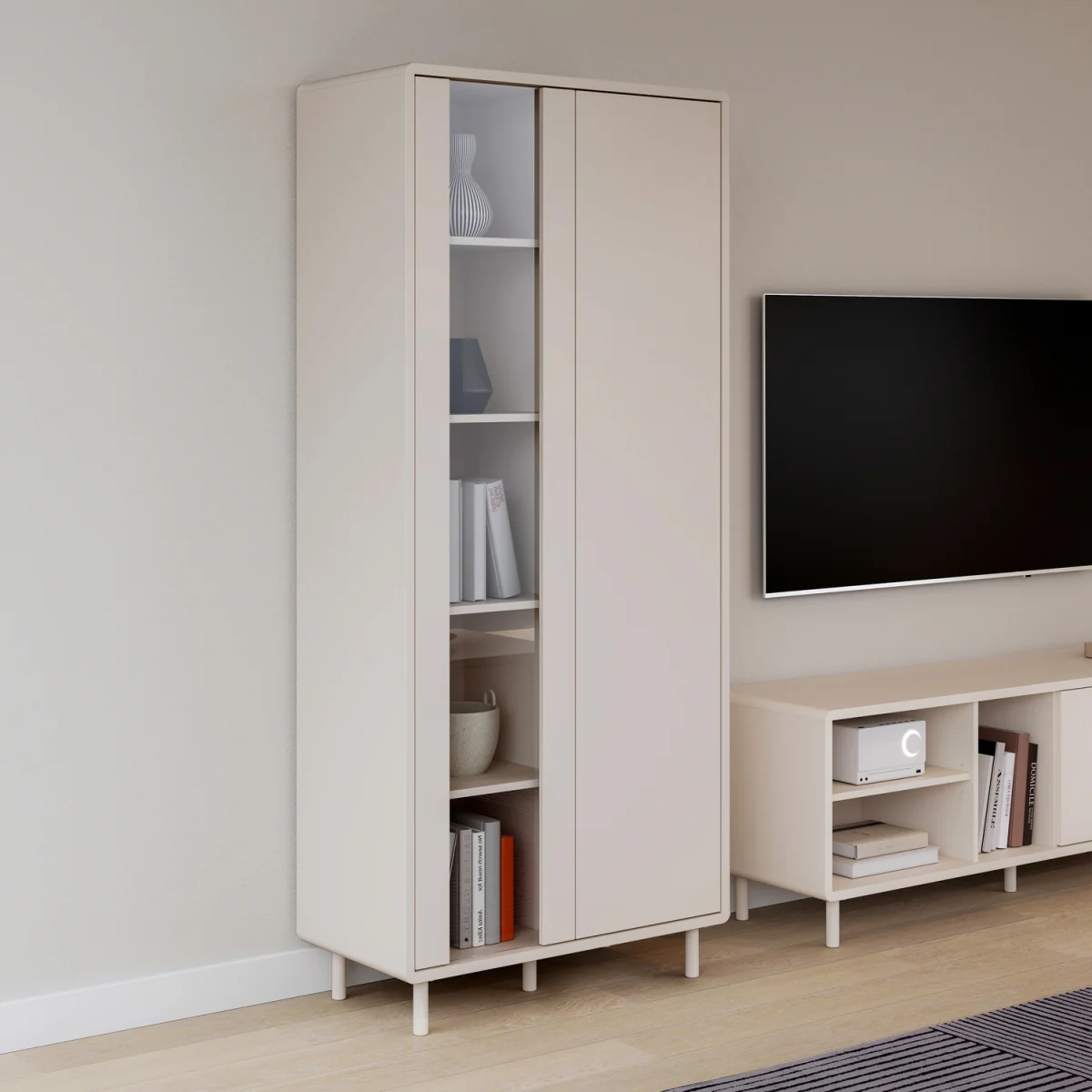 Playly Tall Storage Cabinet with Door and Concealed Open Shelving in Sand - Sand – image 4