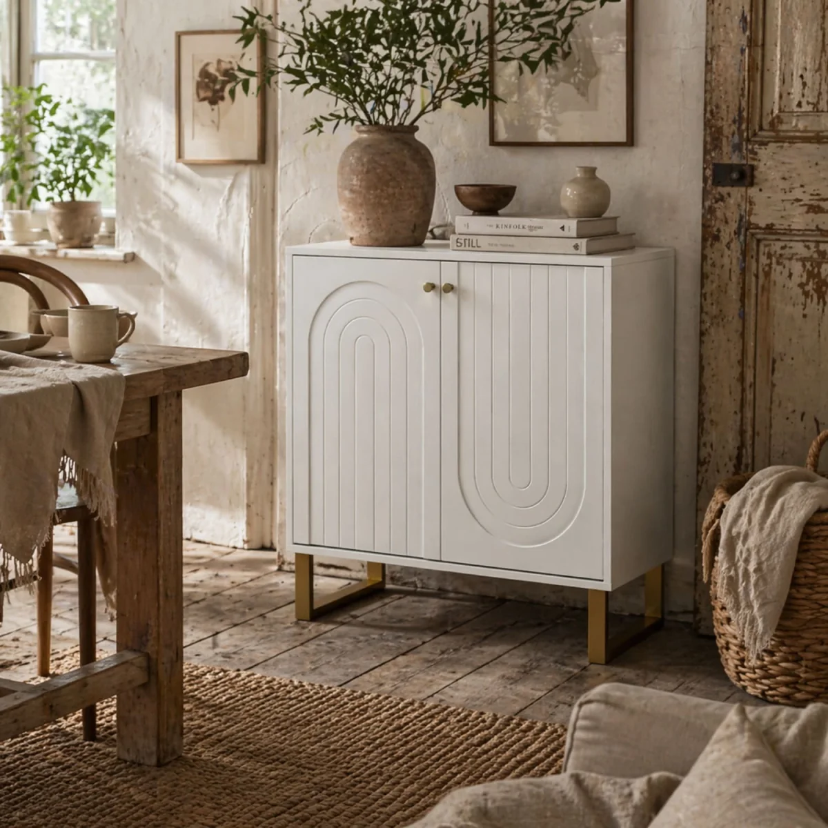 Tarezi Nedi White 2-Door Sideboard Storage Cabinet with Gold-Tone Accents – image 2