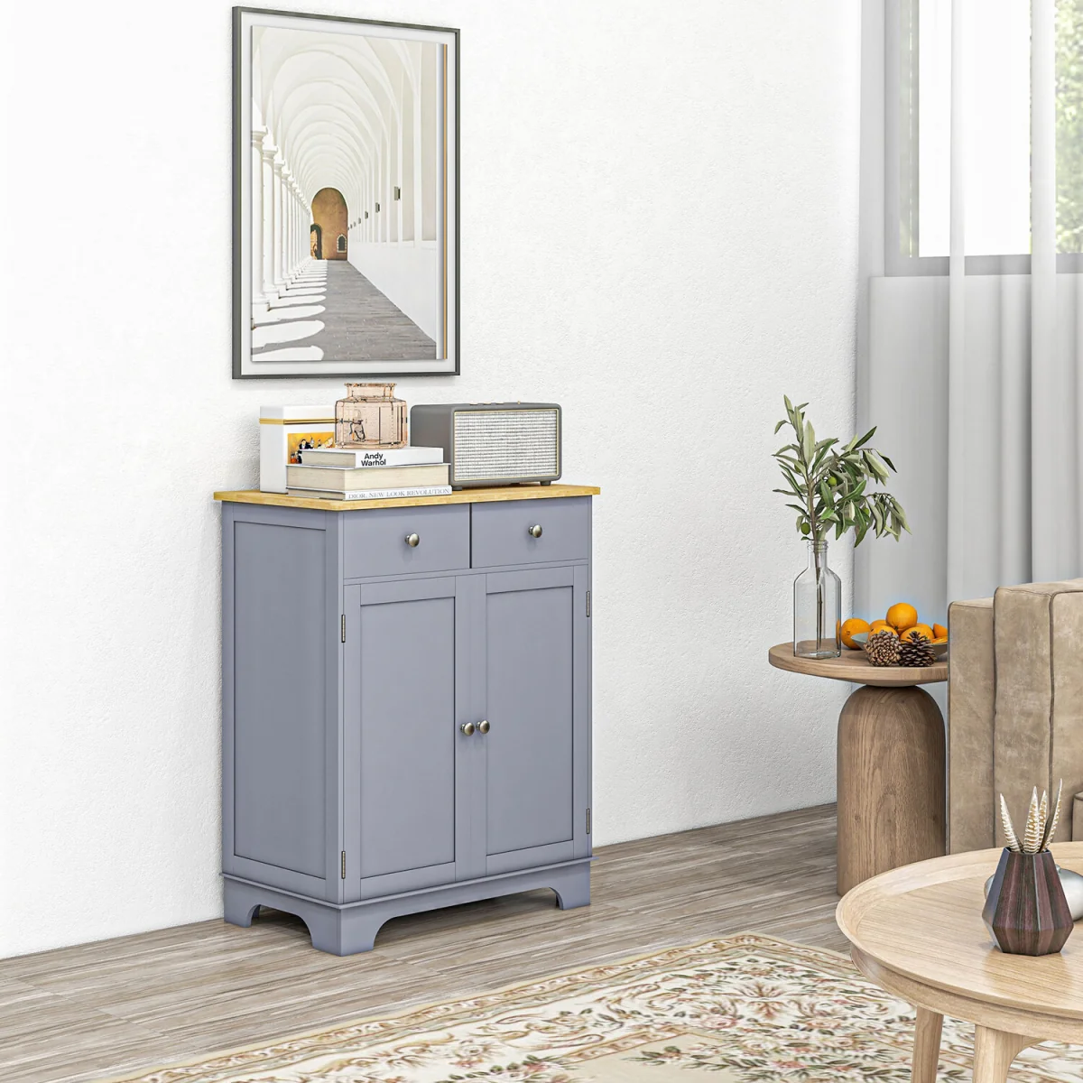HOMCOM Kitchen Storage Cabinet with Rubberwood Top - Grey – image 2