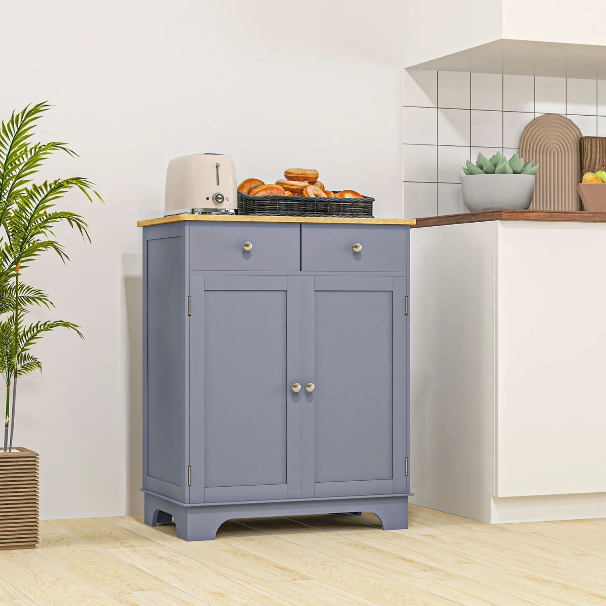 HOMCOM Kitchen Storage Cabinet with Rubberwood Top - Grey – image 3