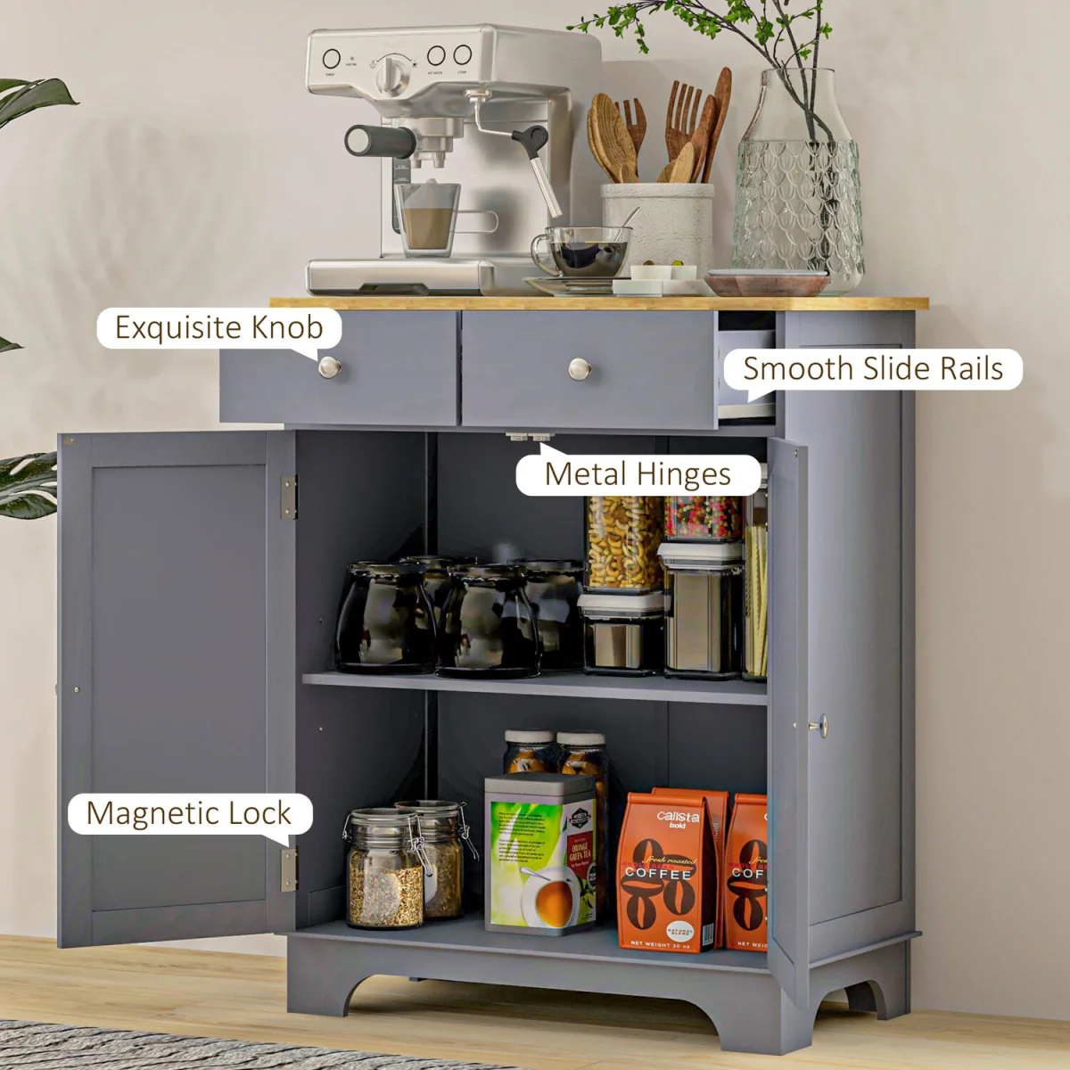 HOMCOM Kitchen Storage Cabinet with Rubberwood Top - Grey – image 4