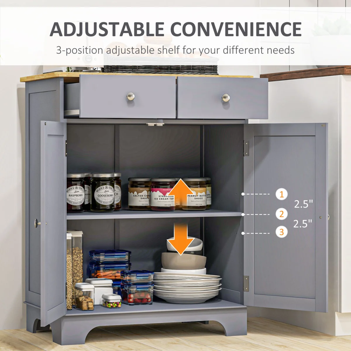 HOMCOM Kitchen Storage Cabinet with Rubberwood Top - Grey – image 5