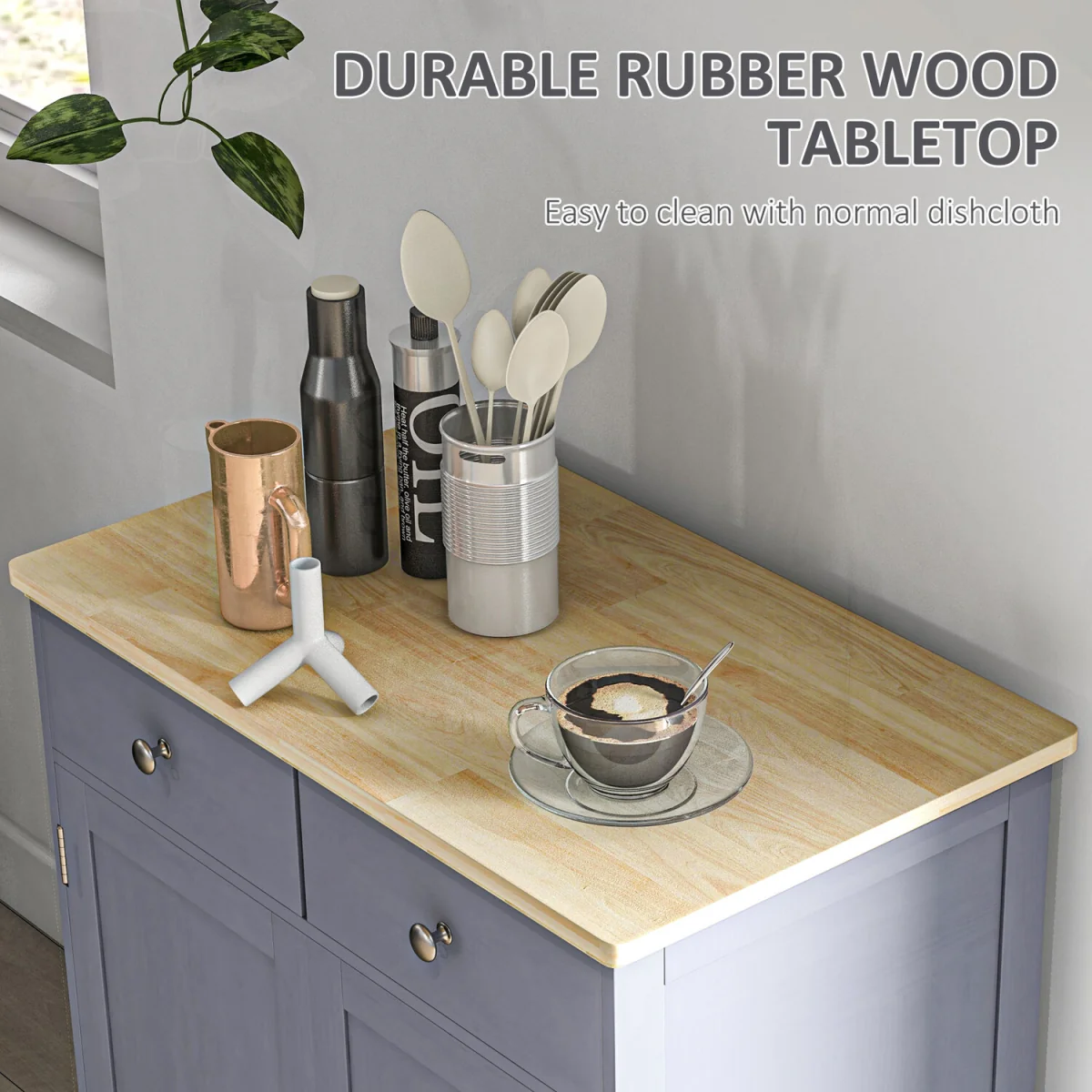 HOMCOM Kitchen Storage Cabinet with Rubberwood Top - Grey – image 6