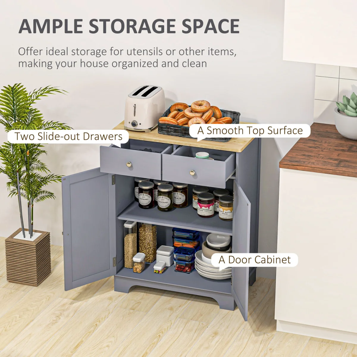 HOMCOM Kitchen Storage Cabinet with Rubberwood Top - Grey – image 7