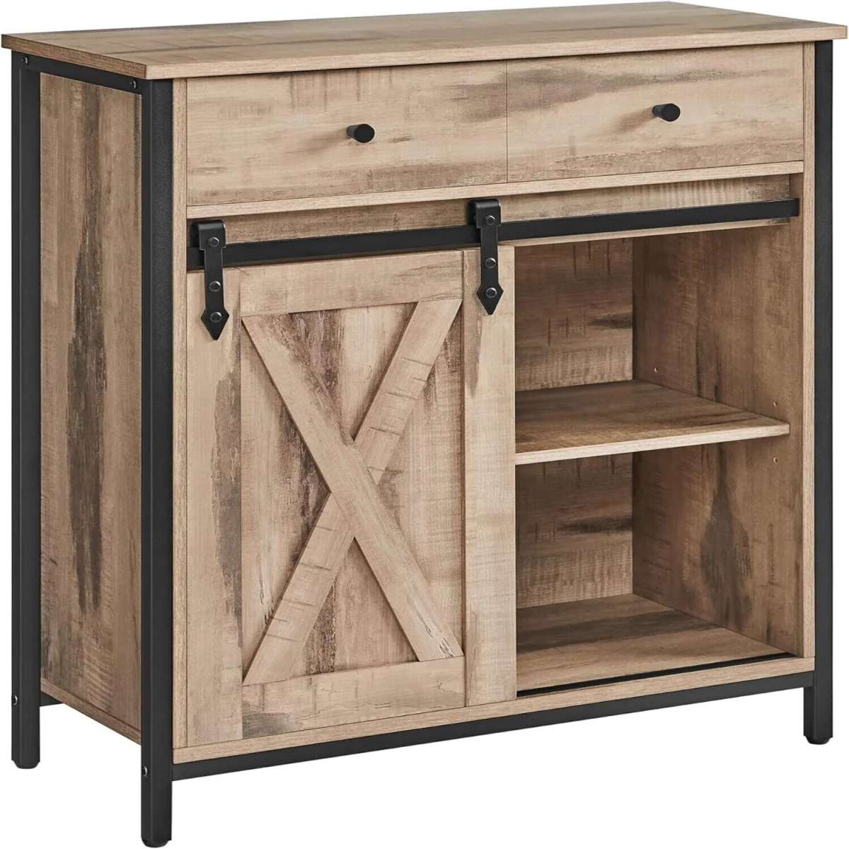 Sliding Door Kitchen Storage Cabinet with Adjustable Shelving, Modern Freestanding Cupboard Unit - Toasted Oak, Black – image 4