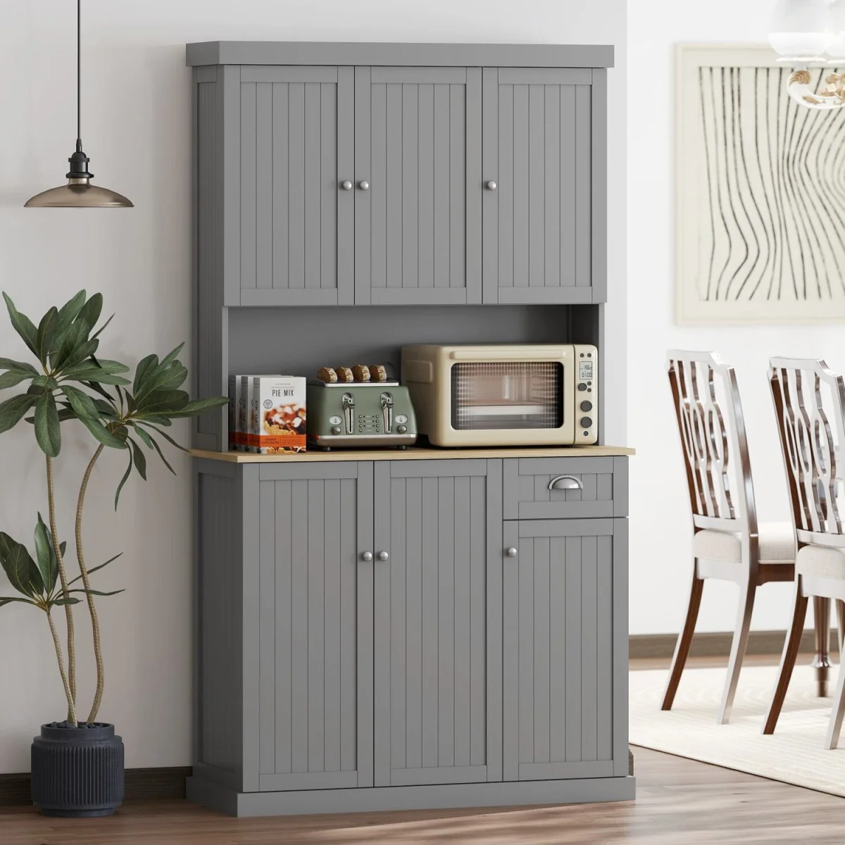 Ririlo Wooden Grey 180 cm Tall Kitchen Storage Cabinet with Open Counter, Drawer and 6 Doors – image 3