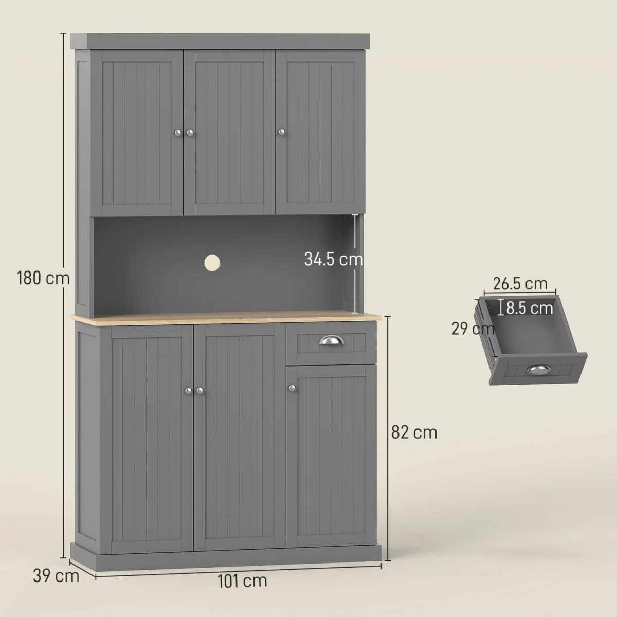 Ririlo Wooden Grey 180 cm Tall Kitchen Storage Cabinet with Open Counter, Drawer and 6 Doors – image 4