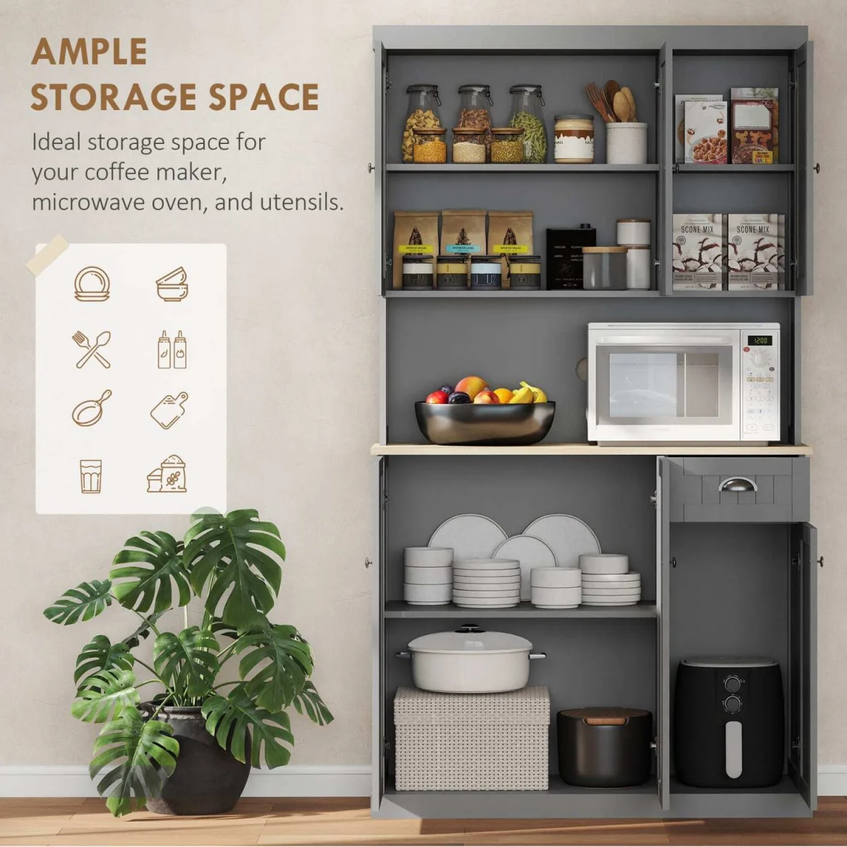 Ririlo Wooden Grey 180 cm Tall Kitchen Storage Cabinet with Open Counter, Drawer and 6 Doors – image 5
