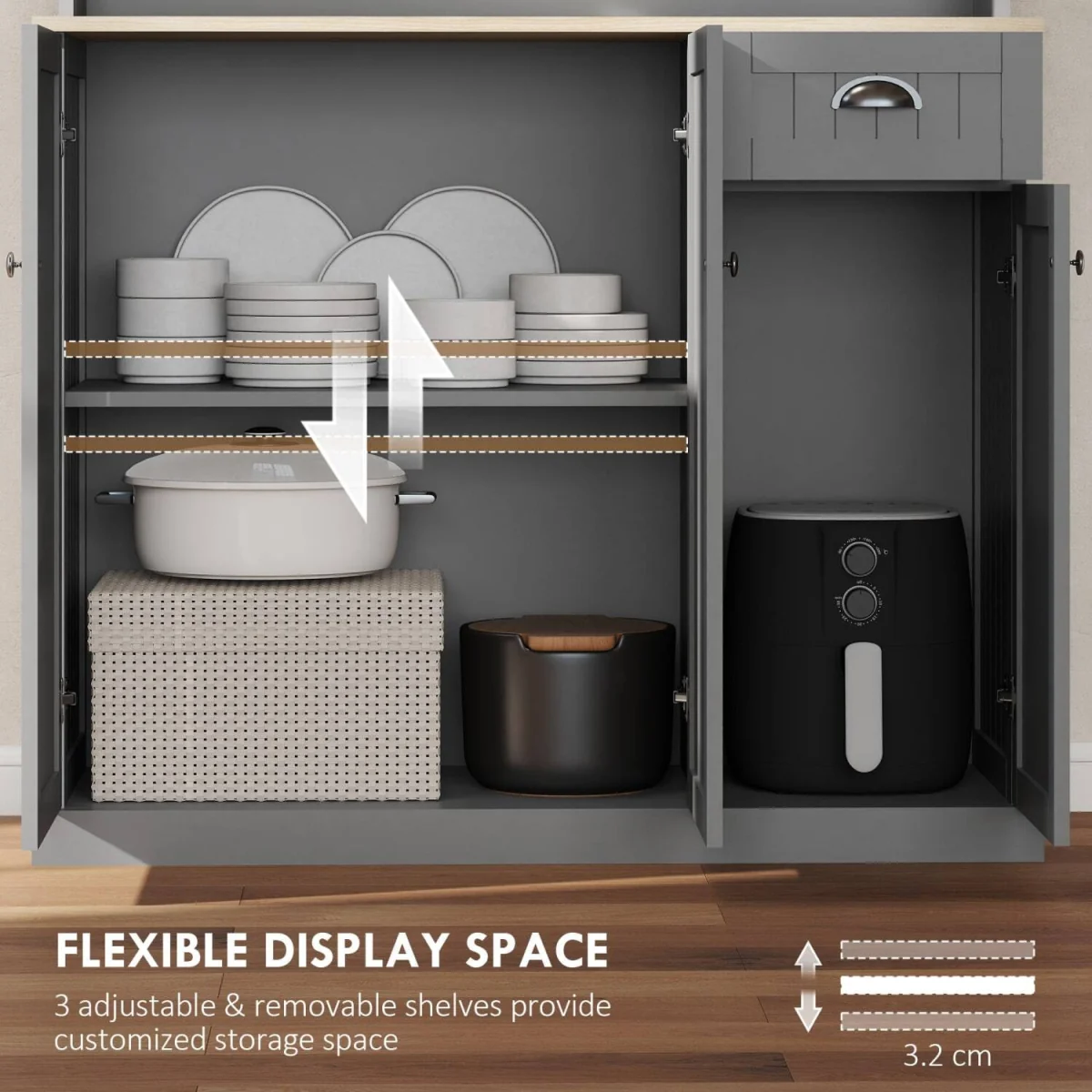 Ririlo Wooden Grey 180 cm Tall Kitchen Storage Cabinet with Open Counter, Drawer and 6 Doors – image 7