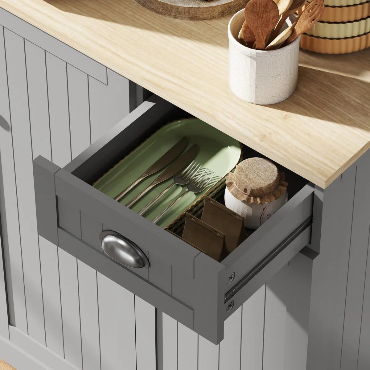Ririlo Wooden Grey 180 cm Tall Kitchen Storage Cabinet with Open Counter, Drawer and 6 Doors – image 10