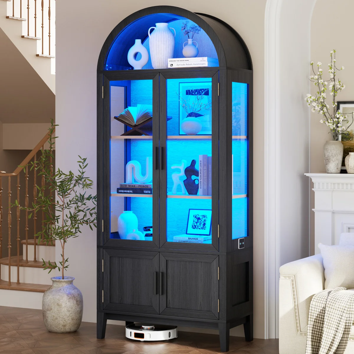 Arched Kitchen Pantry Cupboard with Glass Doors with 3 Color Lights - Black – image 2