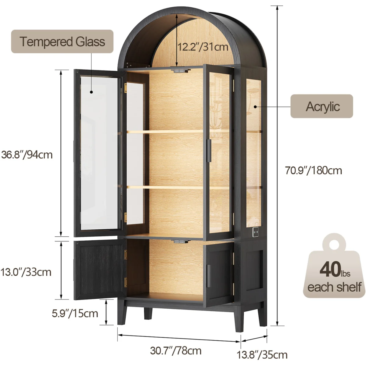 Arched Kitchen Pantry Cupboard with Glass Doors with 3 Color Lights - Black – image 3