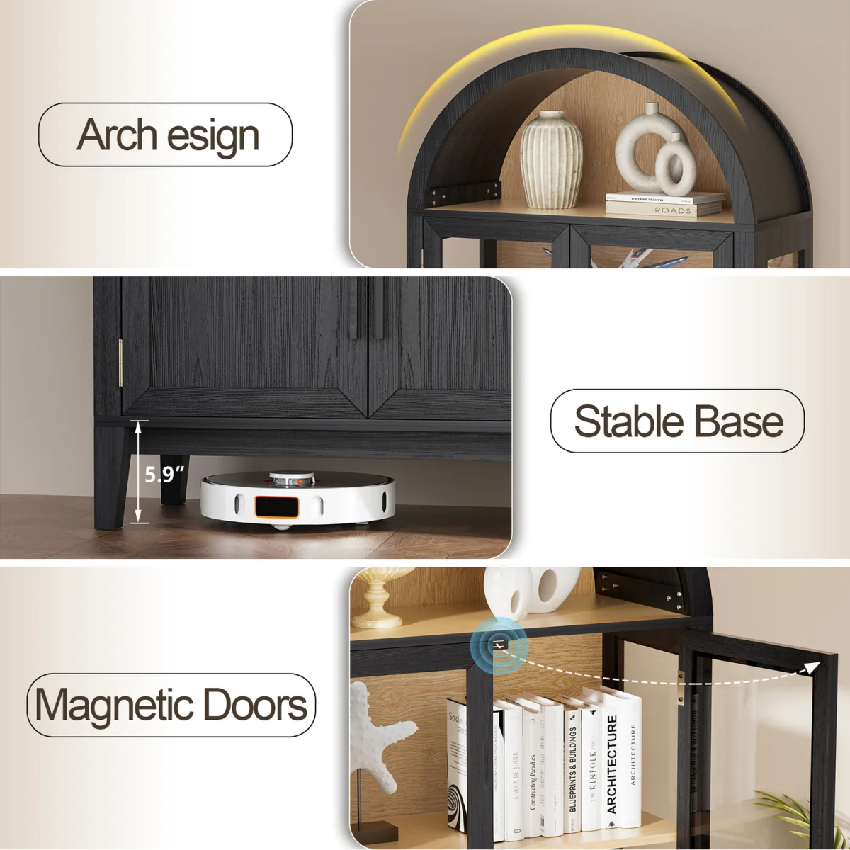 Arched Kitchen Pantry Cupboard with Glass Doors with 3 Color Lights - Black – image 5